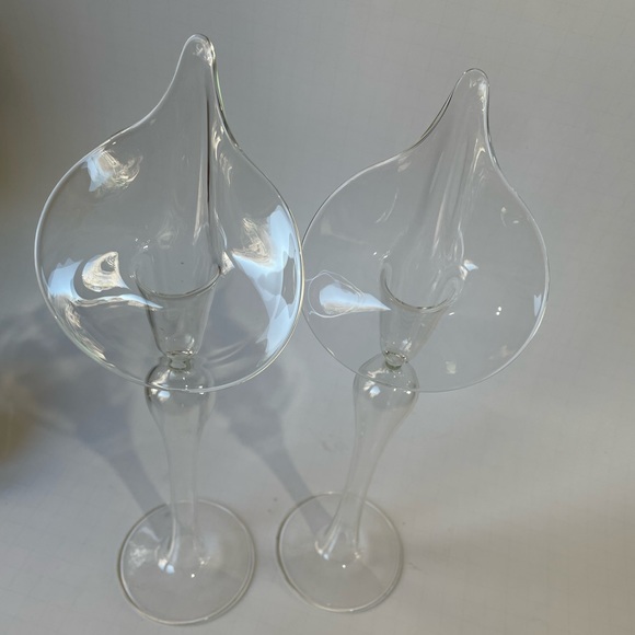 Vintage hand blown Calla Lilly glass candle holders clear Jack in the Pulpit S/2 - Picture 4 of 10
